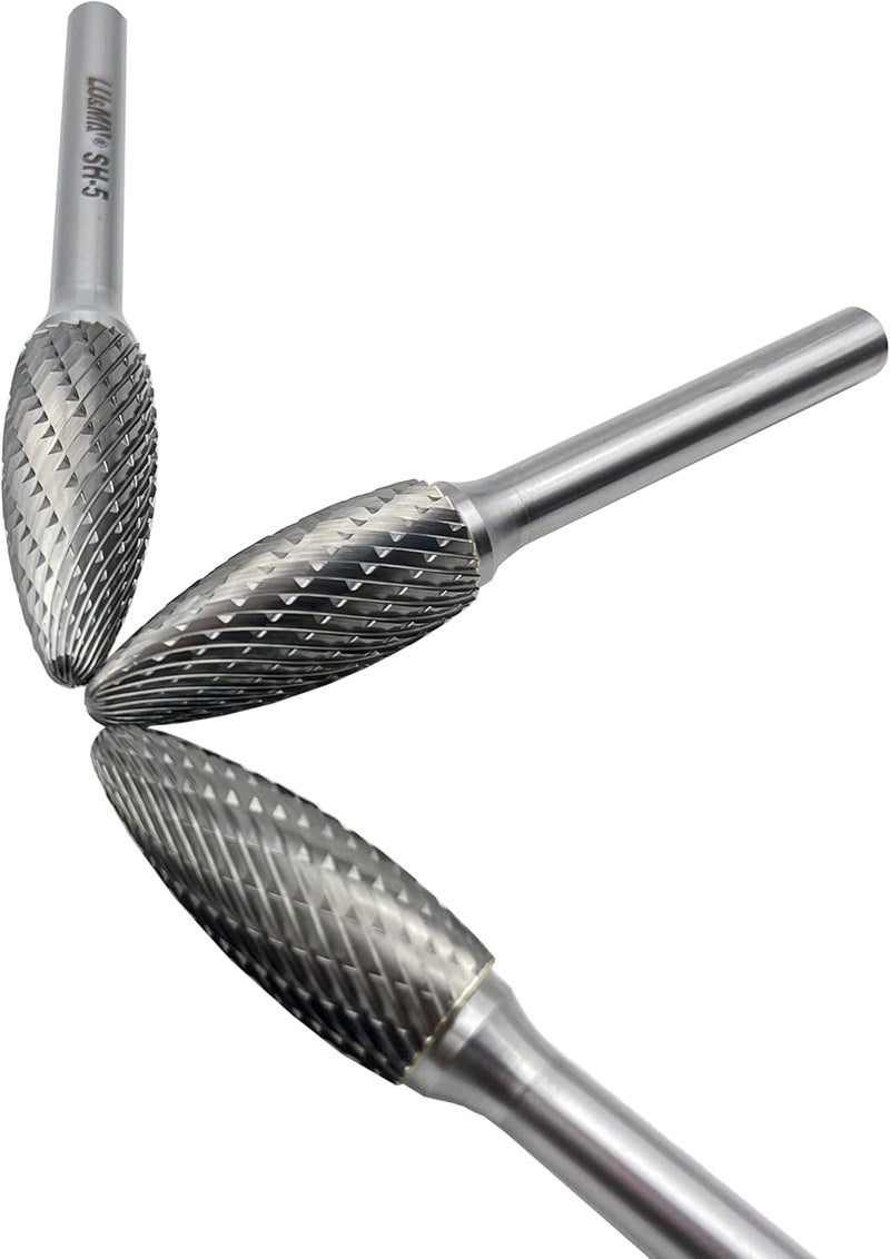 LU&MN SH-5 Tungsten Carbide Burr Rotary File Flame Shape Double Cut (1/2” Cutter Dia X 1-1/4”Cutter Length) with 1/4'' Shank Dia,3PCS - Image 5
